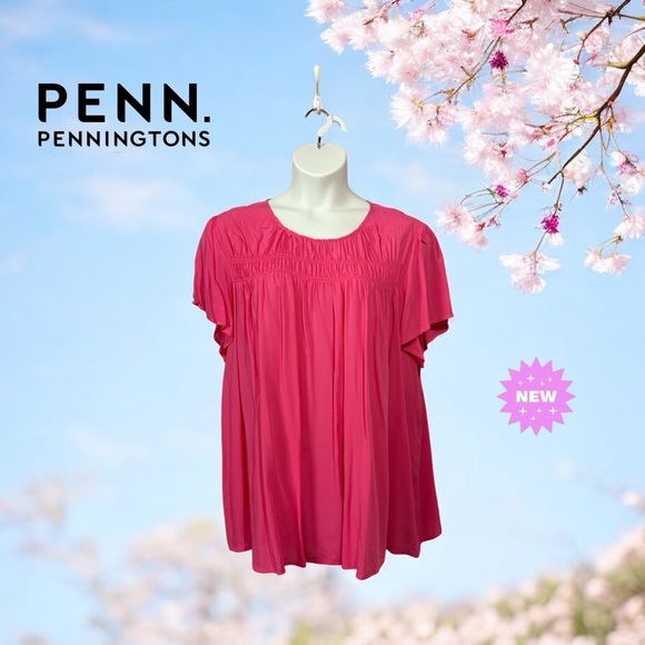 Penningtons, Plus Size Pink Short Sleeve Relaxed Blouse, 2X - Picture 1 of 9